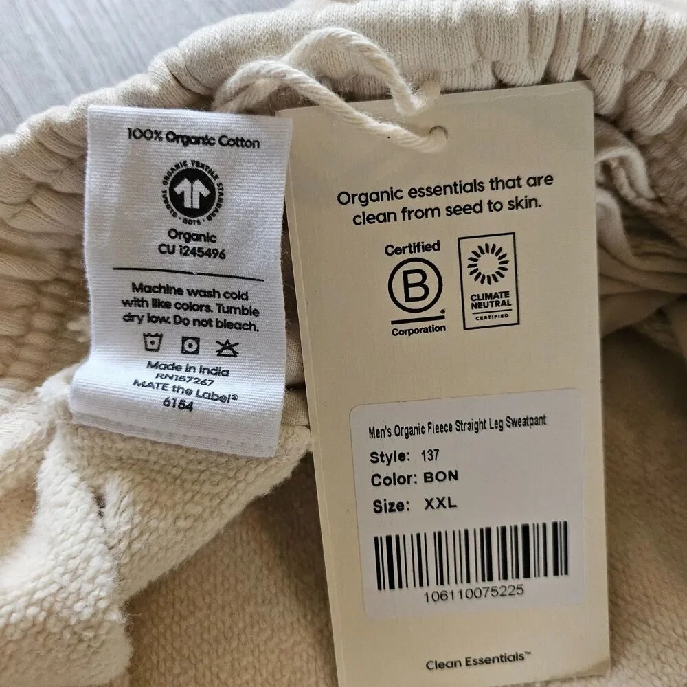 NWT MATE the Label Mens Organic Fleece Straight leg Sweatpants Size XXL Bone
